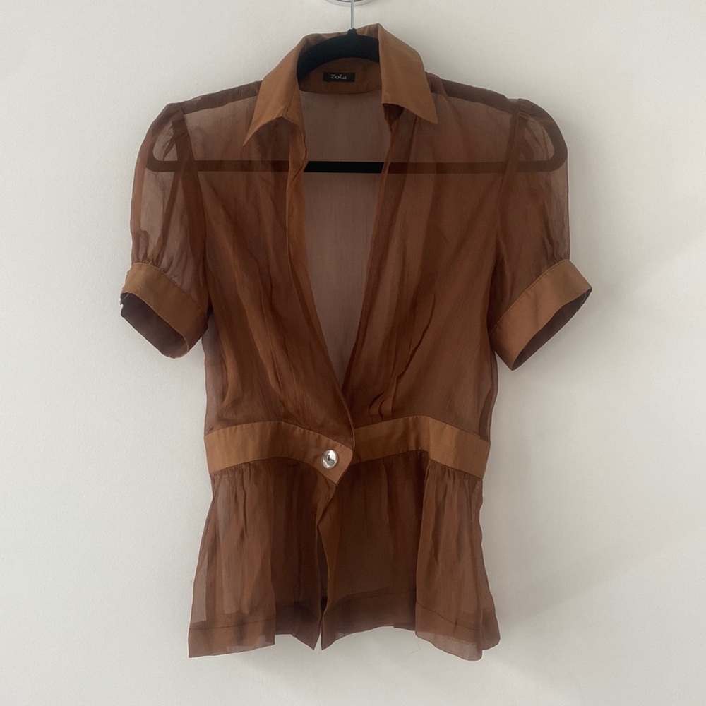 Zola Sheer Short Sleeve Blouse Size Small Bronze